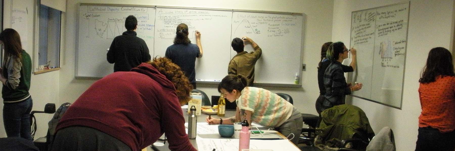 Students stand at dry-erase boards on the walls of a small room, writing their calculations as they work out problems on the boards. Two other students bend over a long table surrounded by chairs, working out their problems on large sheets of paper.